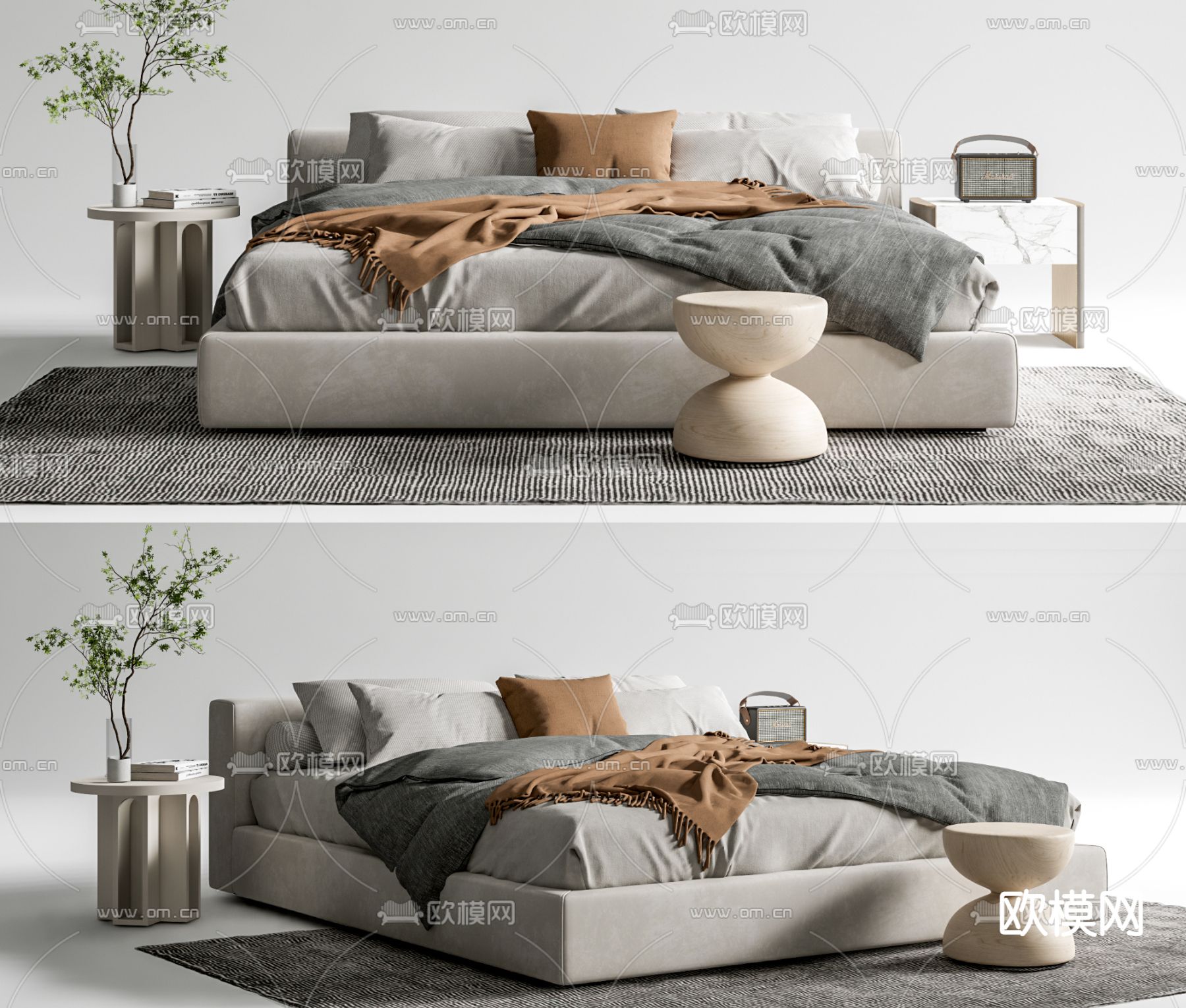 现代布艺双人床su模型