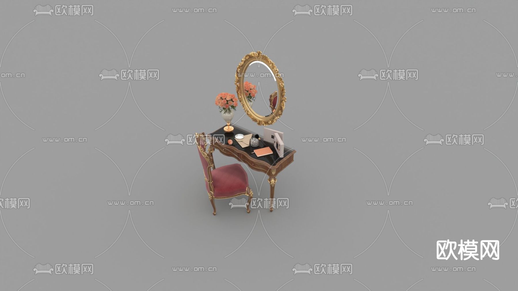 欧式古典实木描金雕花布艺梳妆台免费3d模型下载