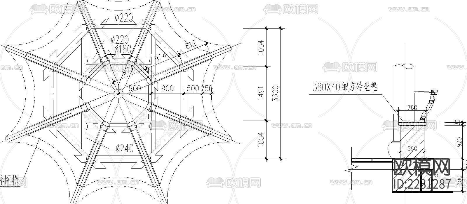 十六柱八角重檐亭cad施工图下载（渲染图4）