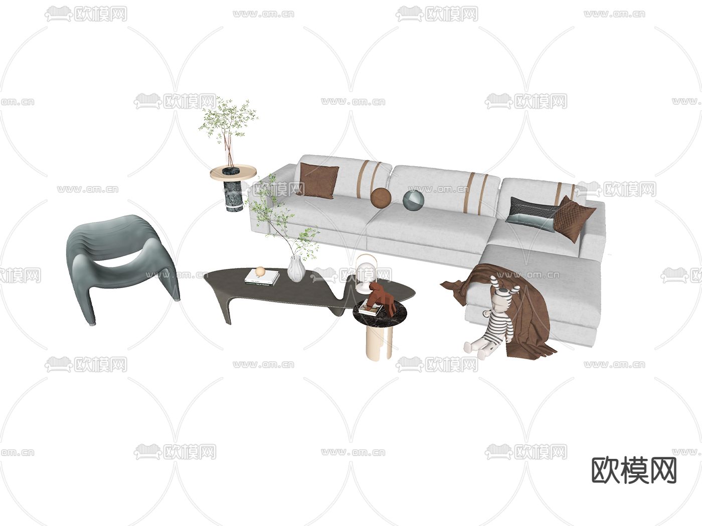 现代布艺组合沙发su模型