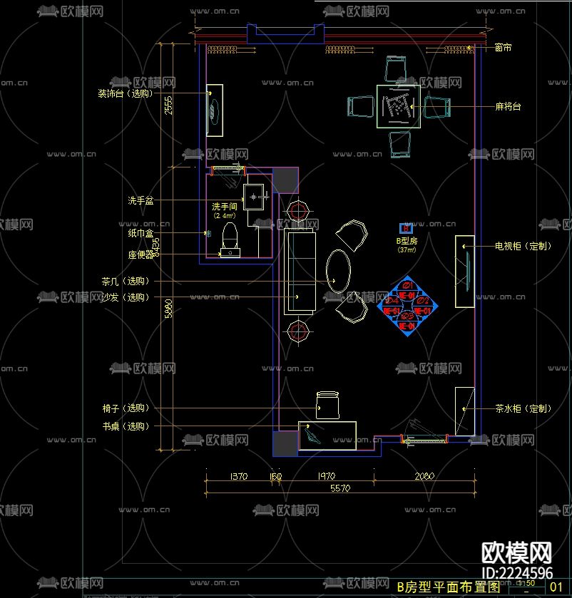 棋牌室cad平面图下载（渲染图3）