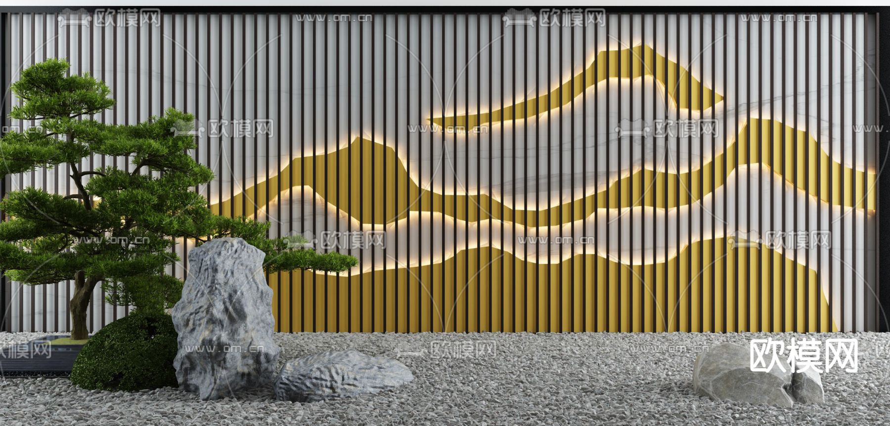 新中式庭院枯山水石小品3d模型下载