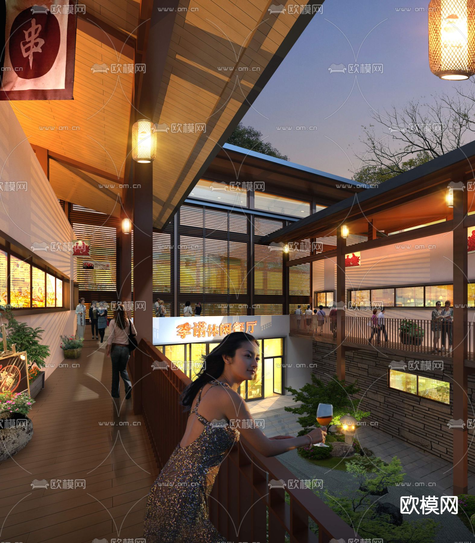 新中式休闲餐厅夜景景观psd下载