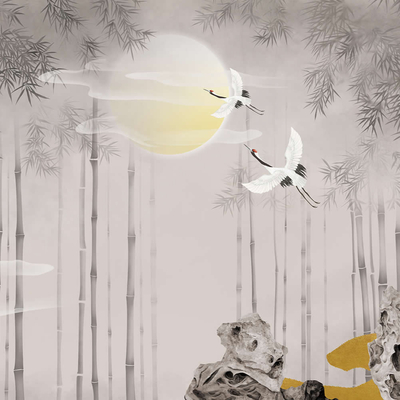  华琴壁画竹林仙鹤壁纸 