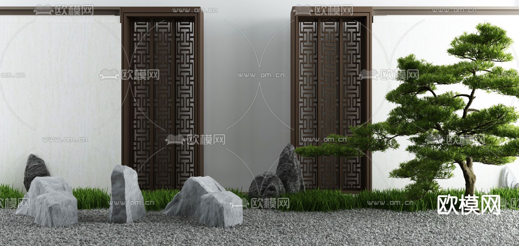 新中式庭院景墙山石小品3d模型下载