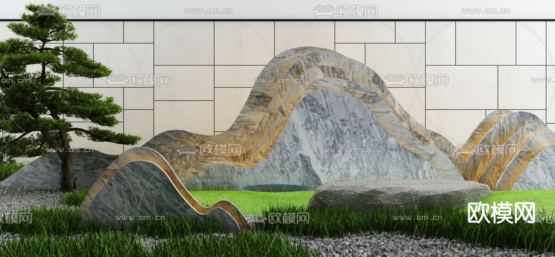 新中式庭院枯山水石小品3d模型下载