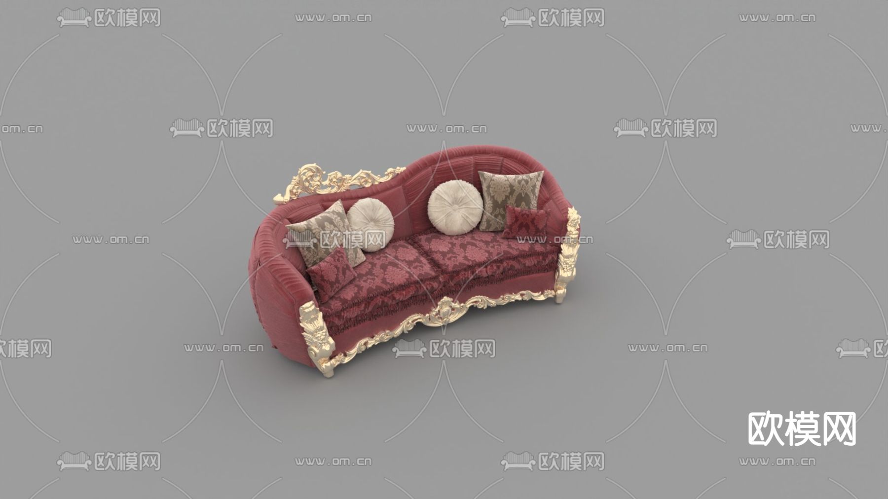 欧式古典实木描金雕花布艺双人沙发免费3d模型下载