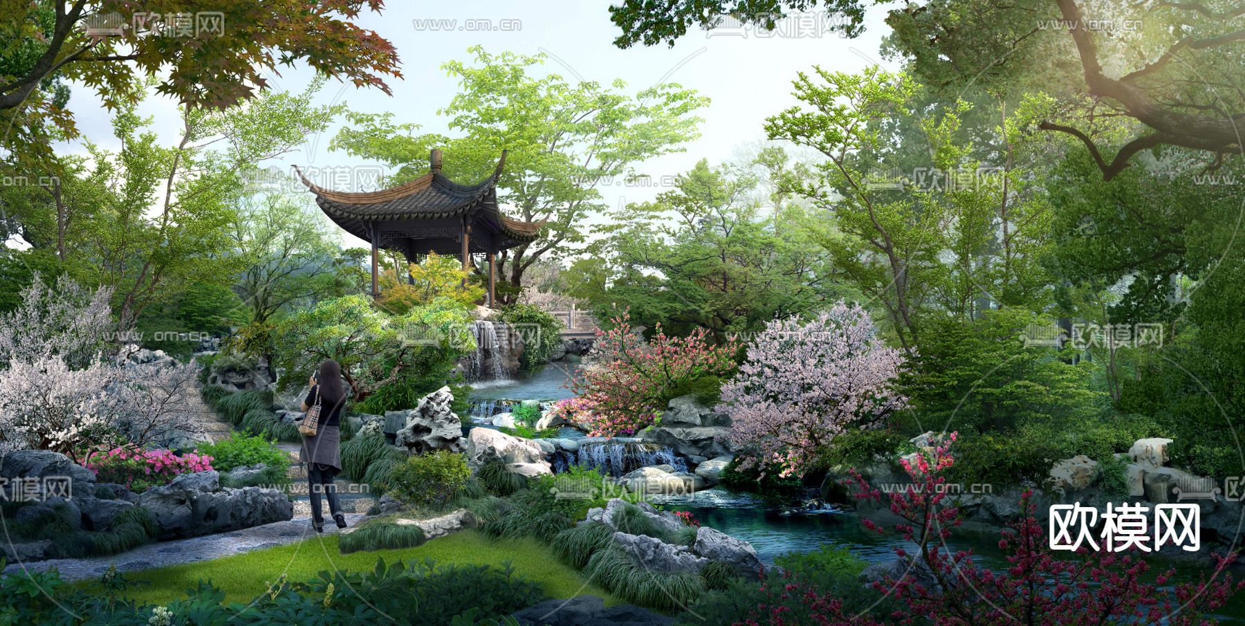 新中式流水园林景观psd下载