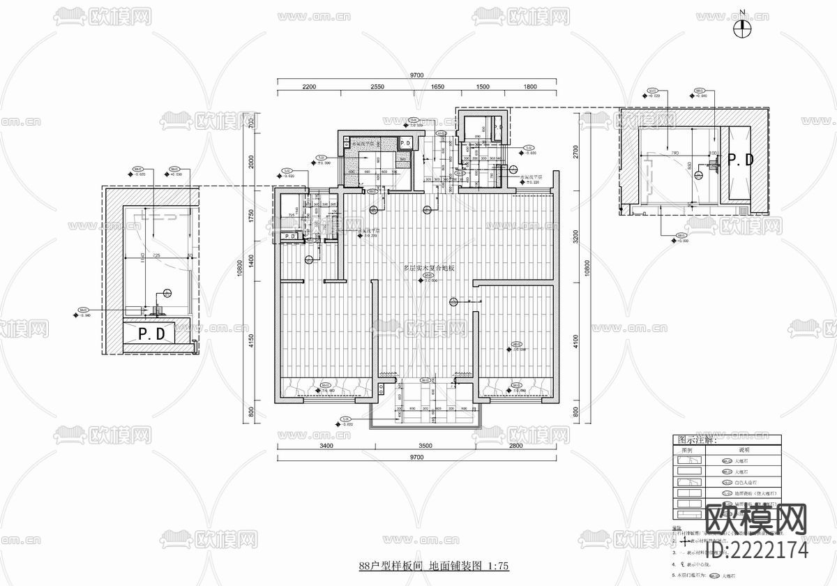 88㎡样板间cad平面图下载（渲染图2）
