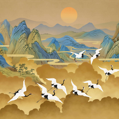 华琴壁画-新中式飞鹤高山壁纸