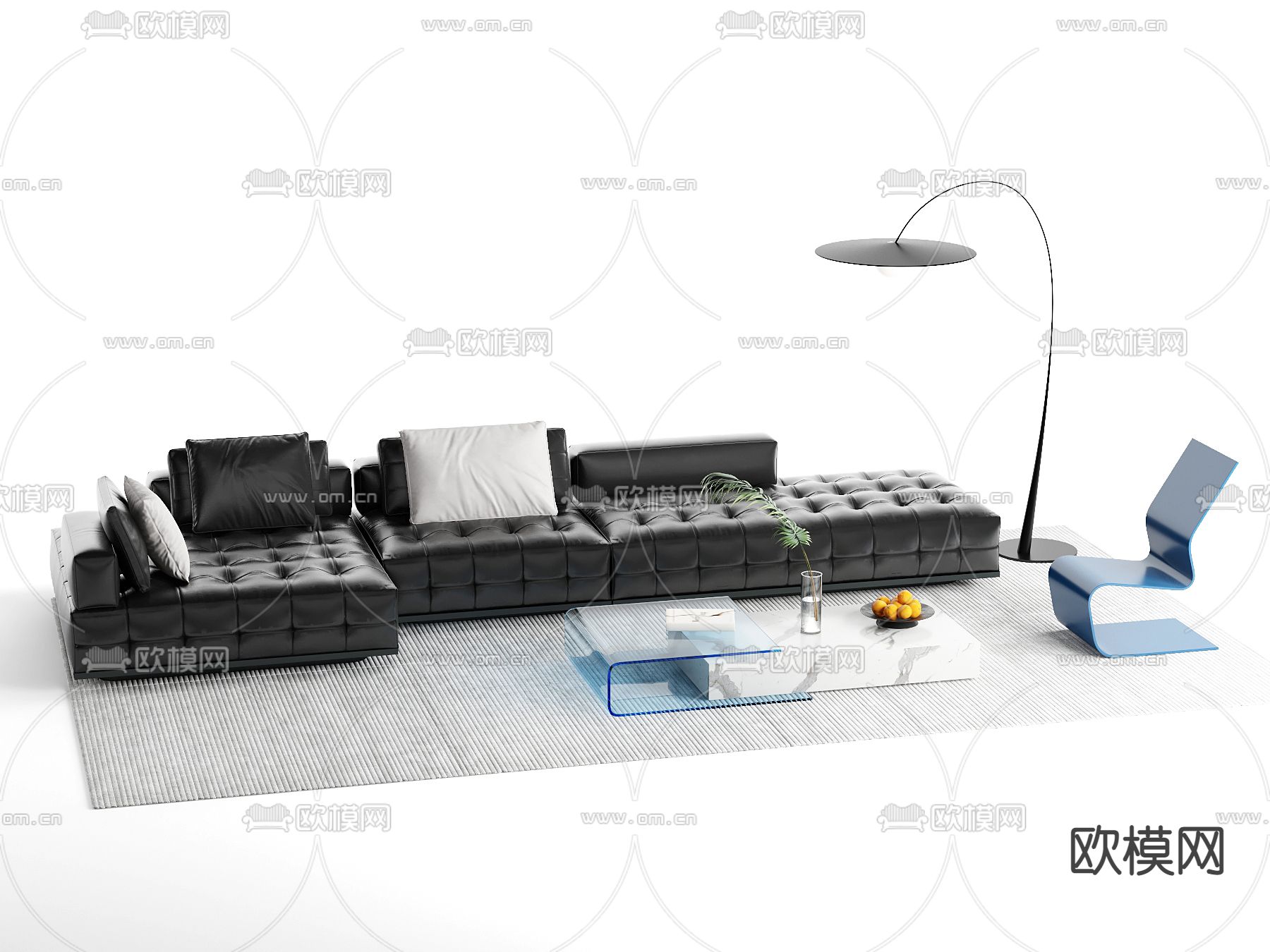 现代黑色皮革转角沙发组合3d模型下载_ID12064754_3dmax免费模型-欧模网