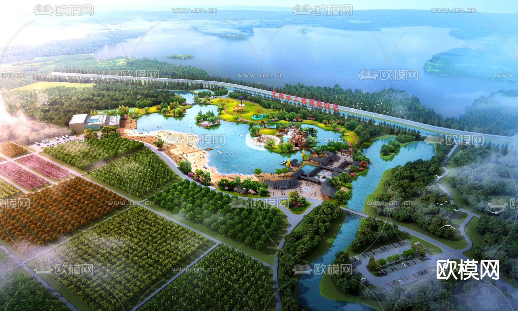 现代水上乐园园林鸟瞰景观psd下载