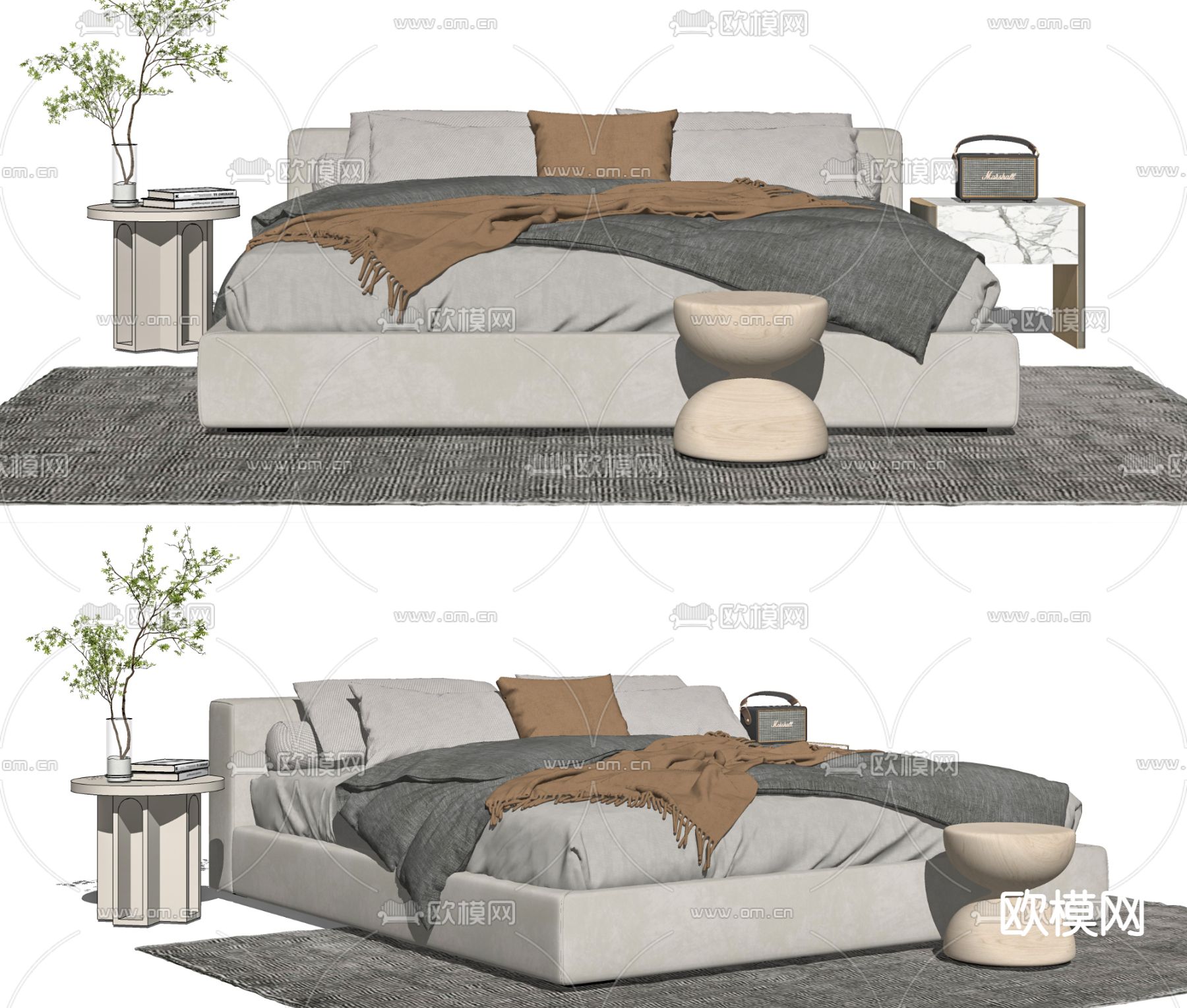 现代布艺双人床su模型