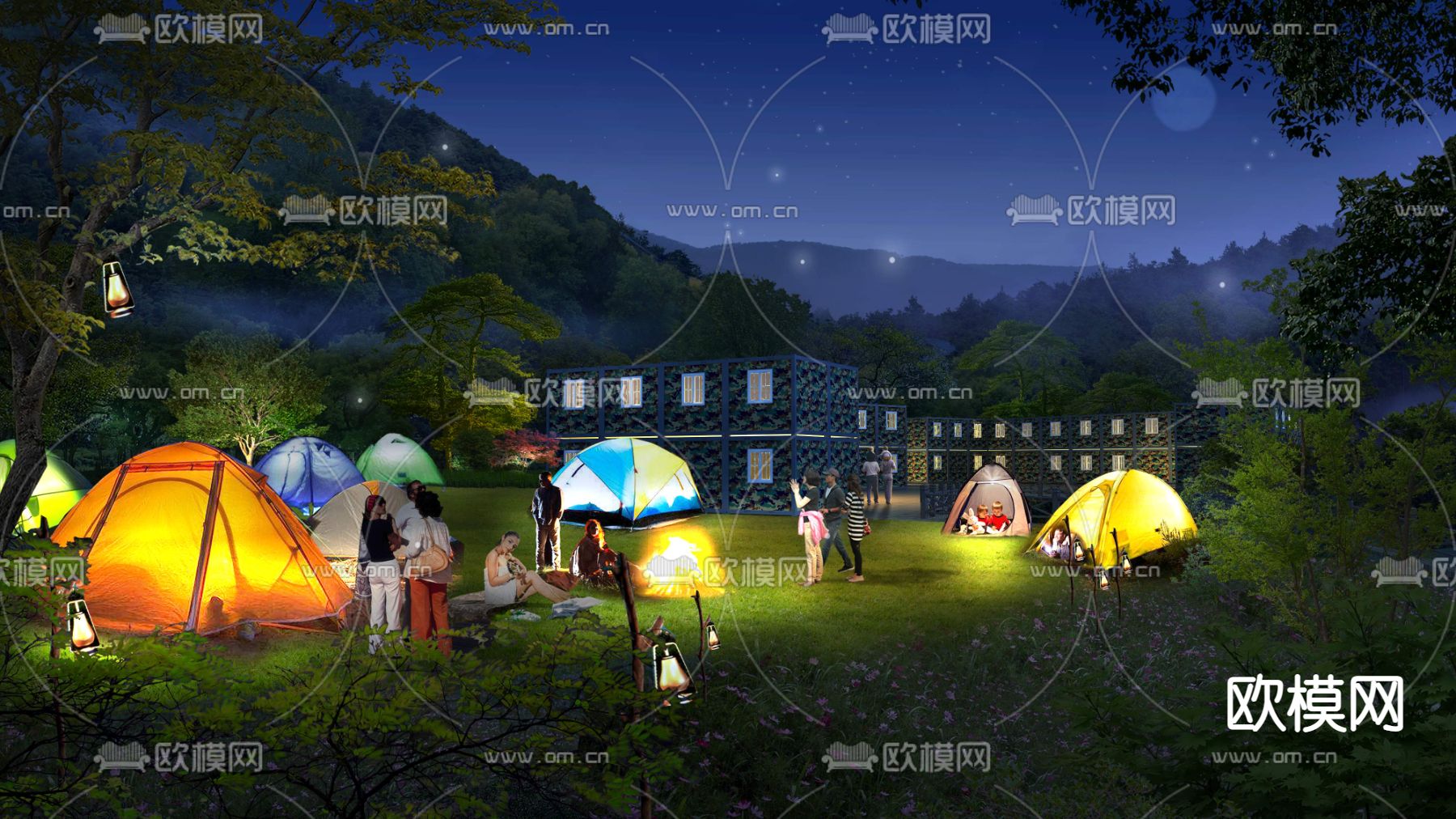 现代帐篷园林夜景景观psd下载