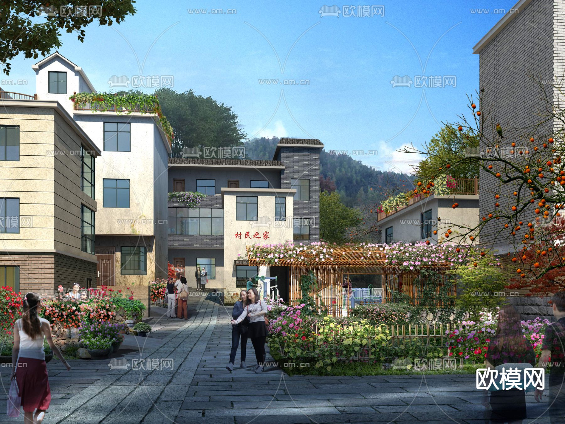 新中式庭院花园景观psd下载