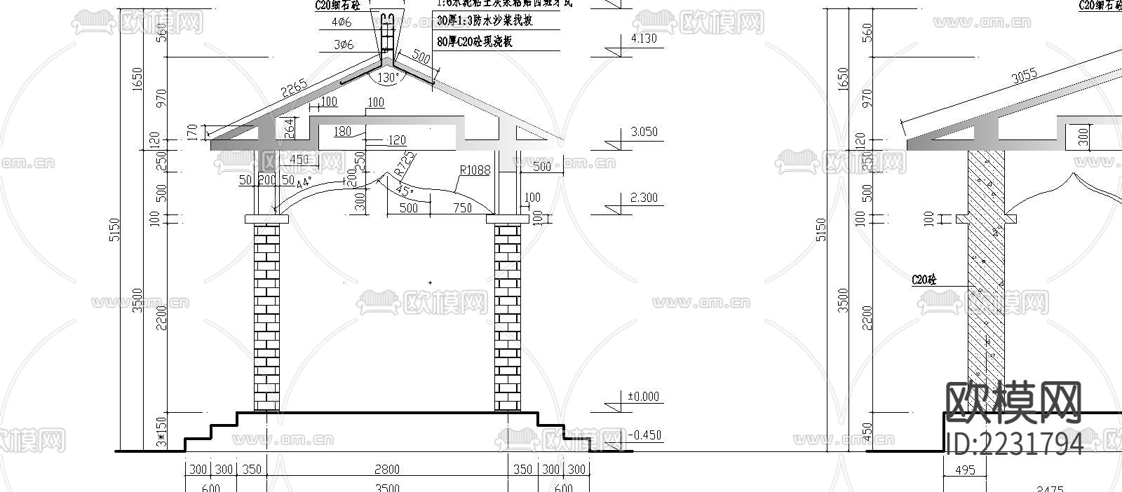 四角亭cad施工图下载（渲染图1）
