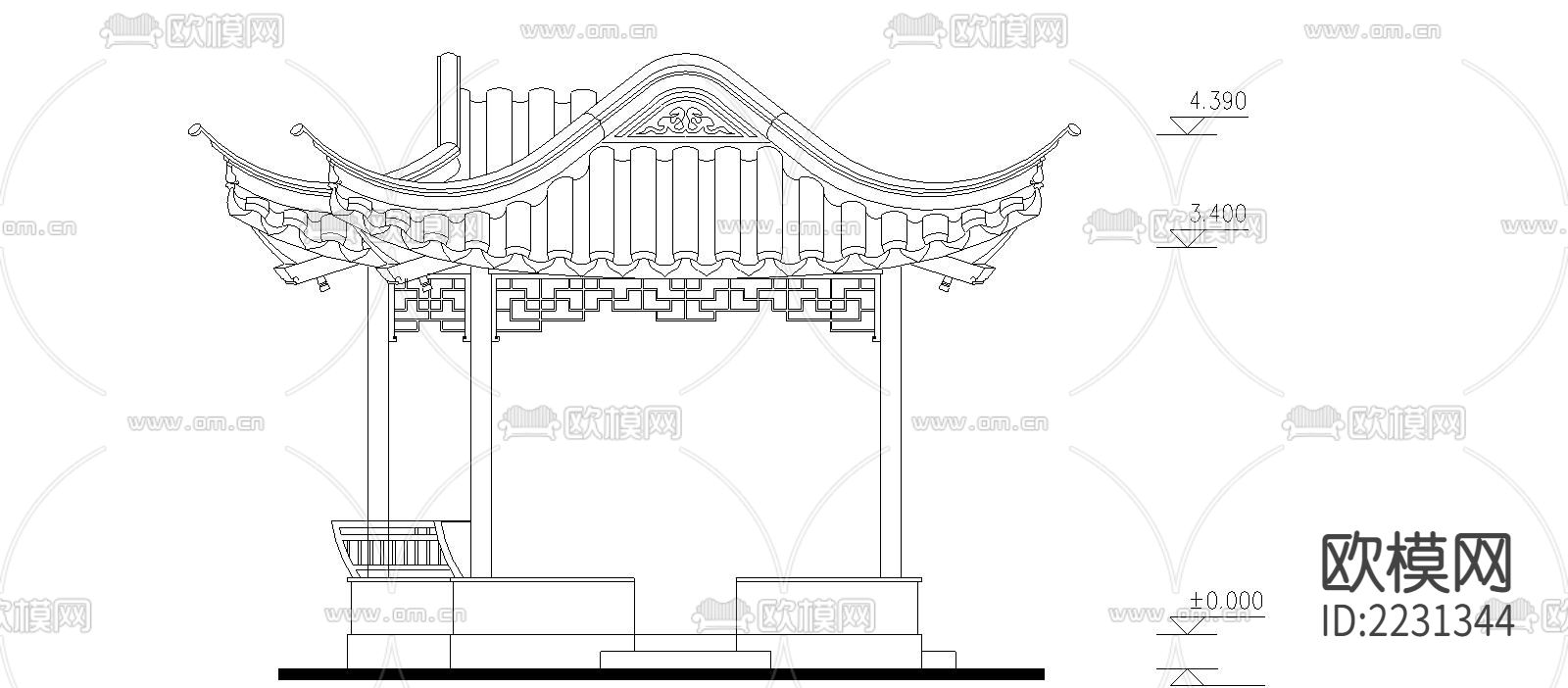 凸字亭廊cad立面图下载（渲染图5）