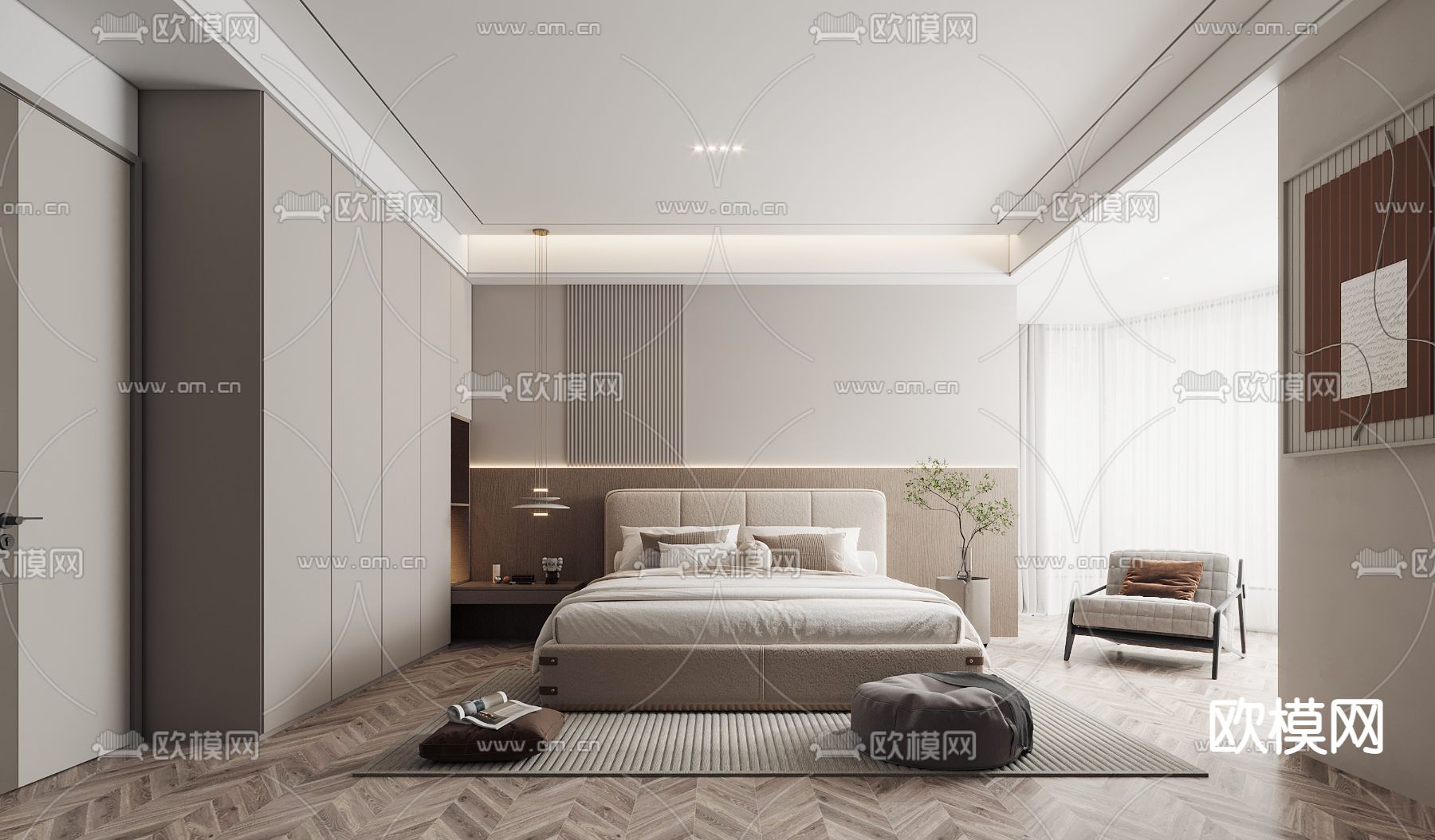 奶油风简约卧室3d模型下载