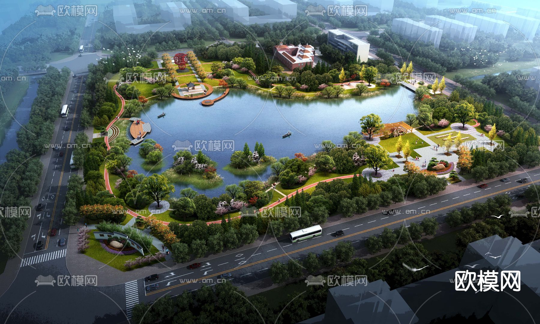 现代湿地园林鸟瞰景观psd下载_ID12066439_3dmax免费模型-欧模网