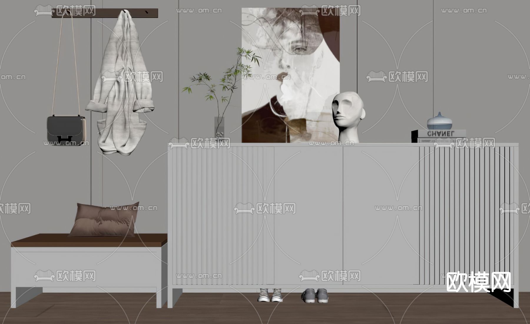 现代玄关边柜鞋柜su模型下载（渲染图2）