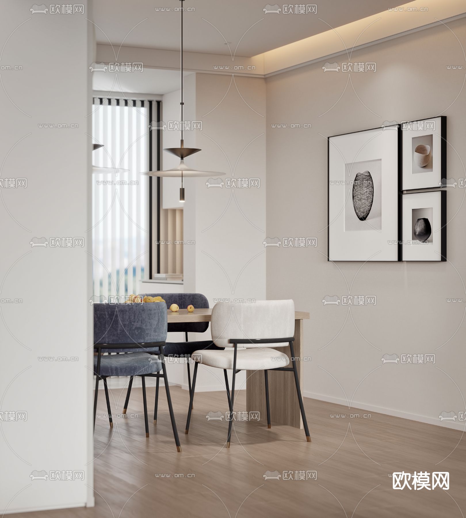 现代奶油风客厅餐厅3d模型