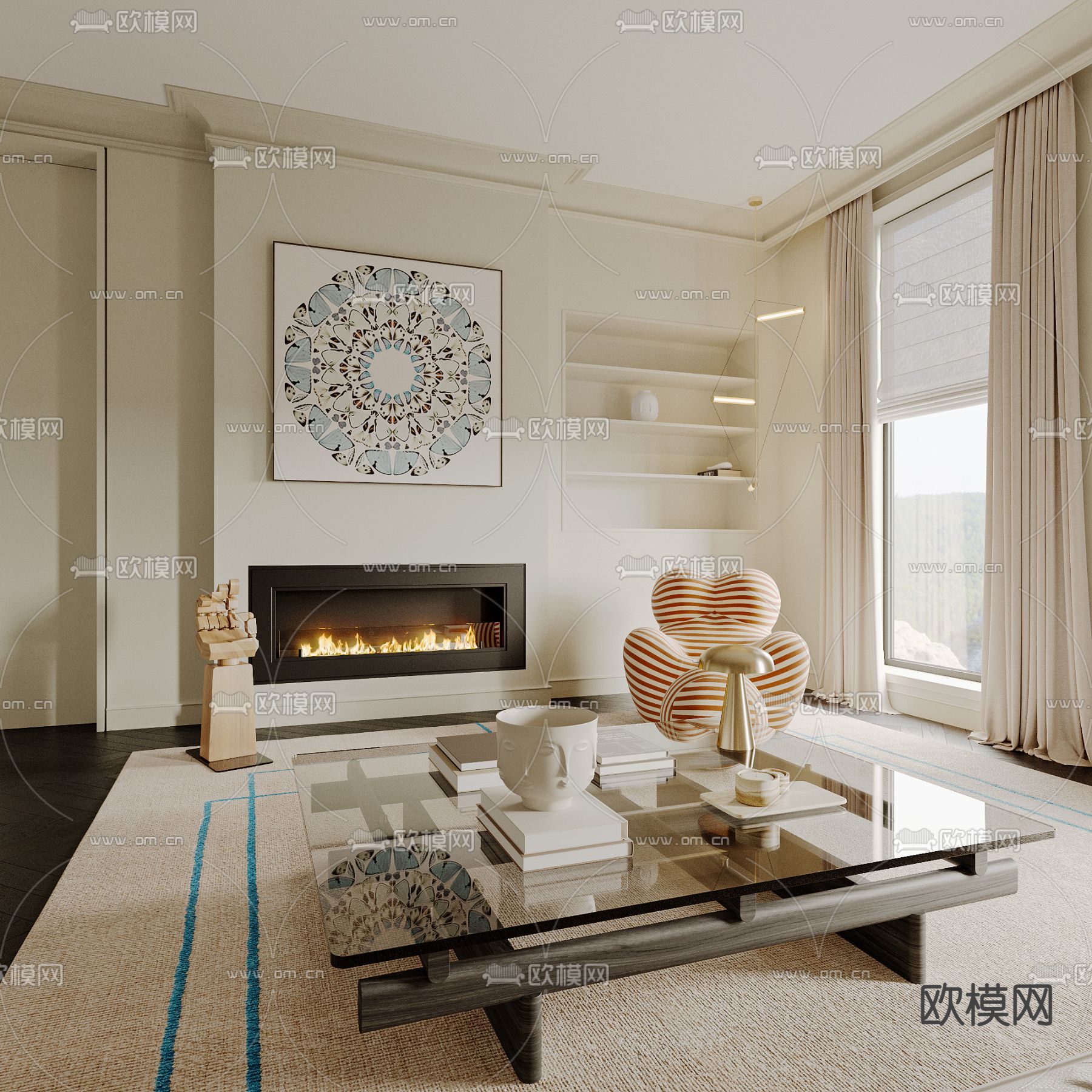 简欧茶几壁炉组合3d模型下载