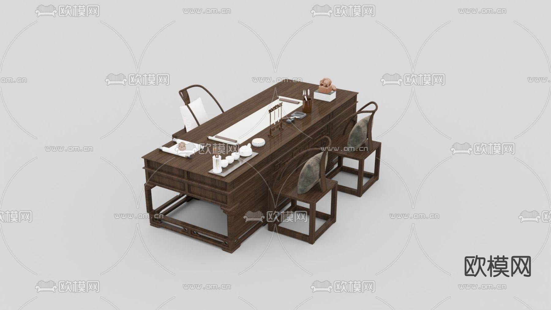 中式古典实木书桌免费3d模型下载