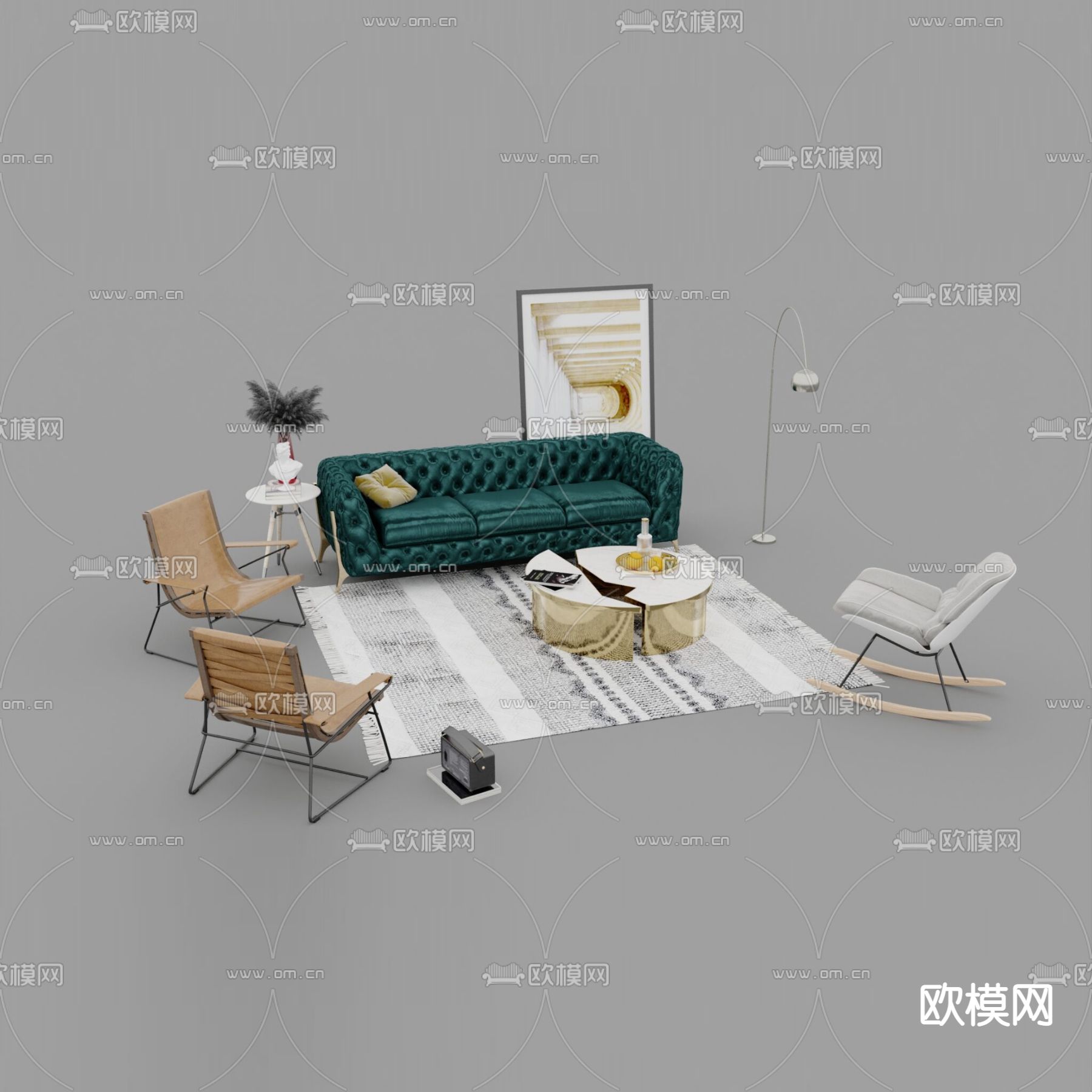 简欧轻奢真丝布艺沙发实木皮革休闲椅茶几组合免费3d模型下载