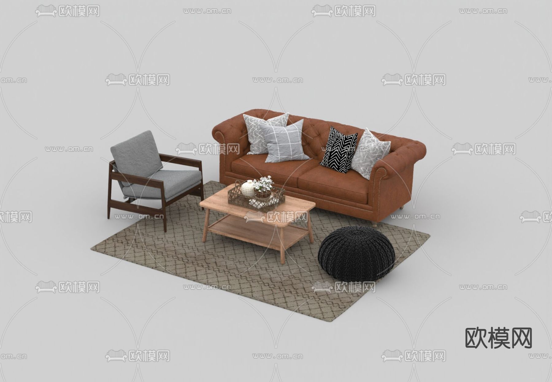 北欧简约皮革铆钉实木布艺沙发组合免费3d模型下载