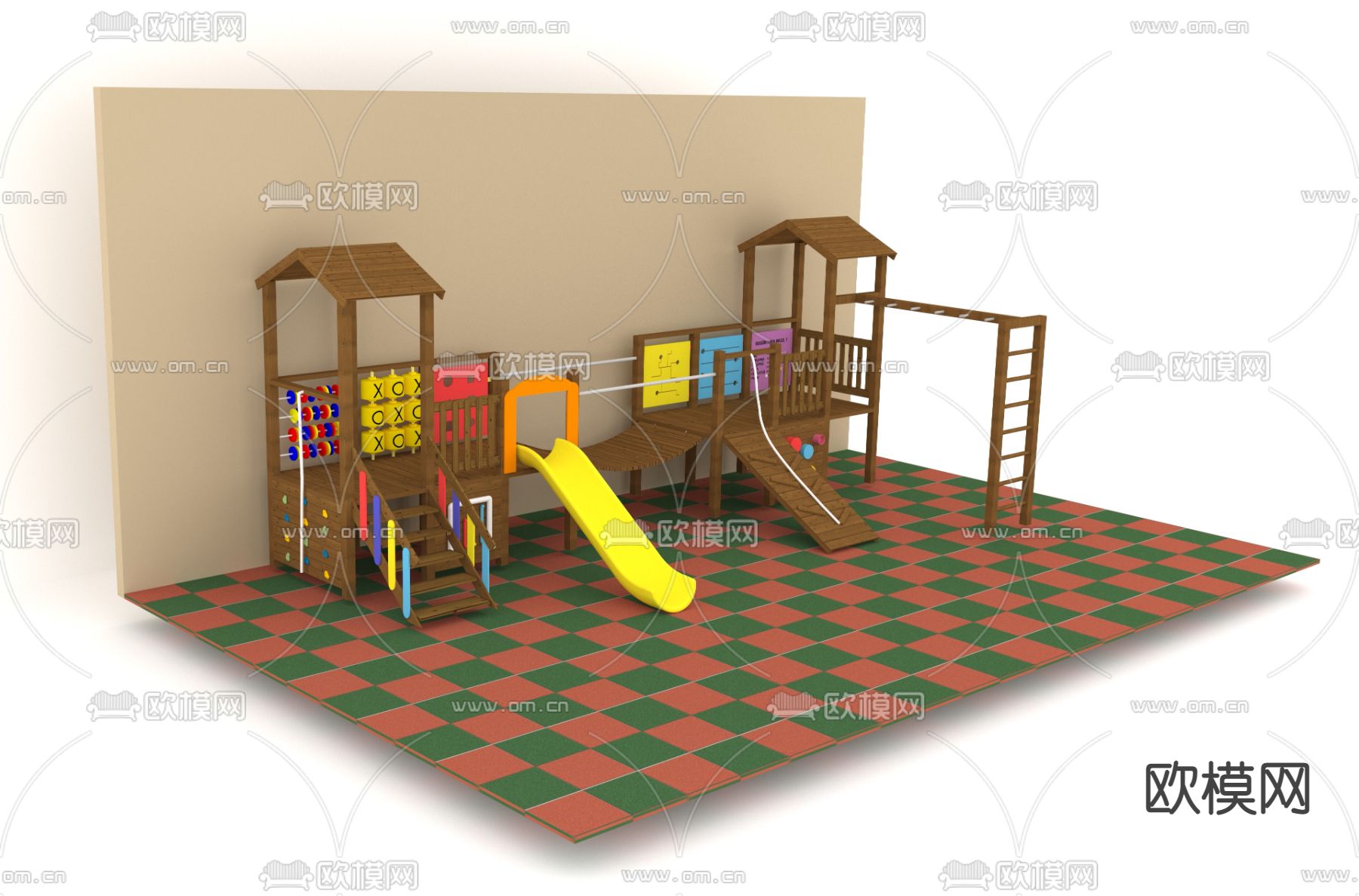 现代木制滑梯儿童游乐设施免费3d模型下载