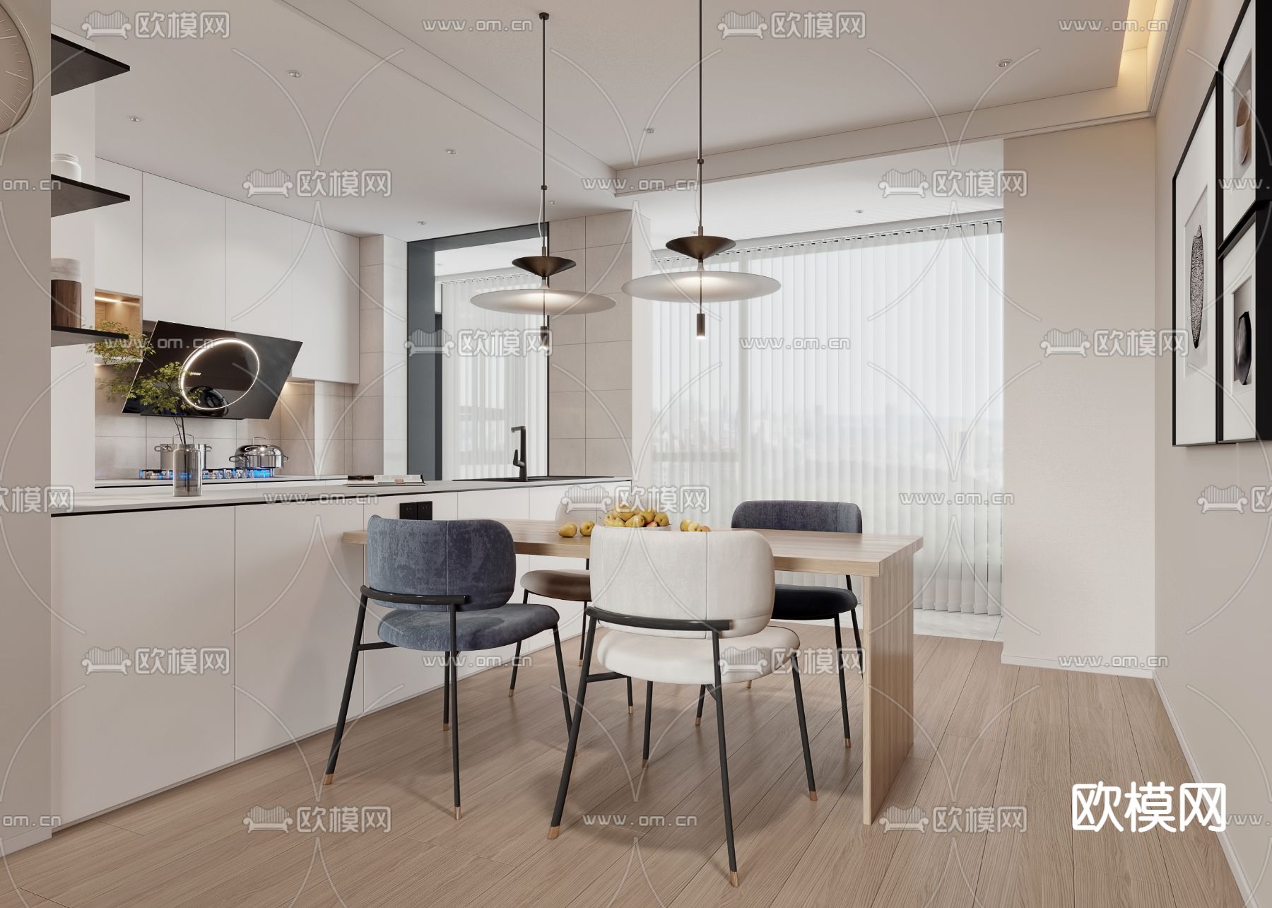 现代奶油风客厅餐厅3d模型