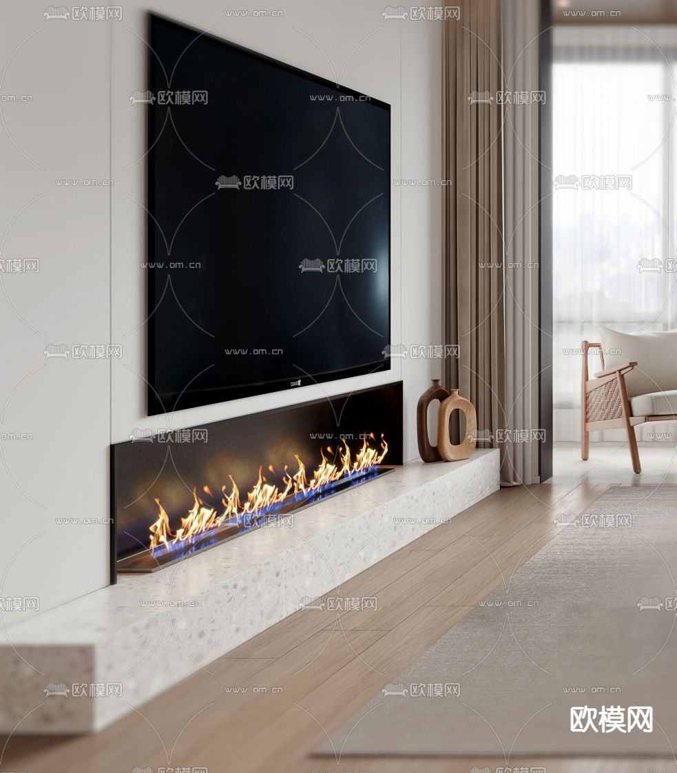 现代奶油风客厅餐厅3d模型