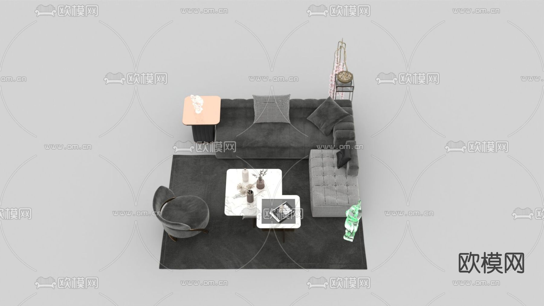 现代轻奢布艺实木沙发大理石实木茶几组合免费3d模型下载_ID12069071_3dmax免费模型-欧模网