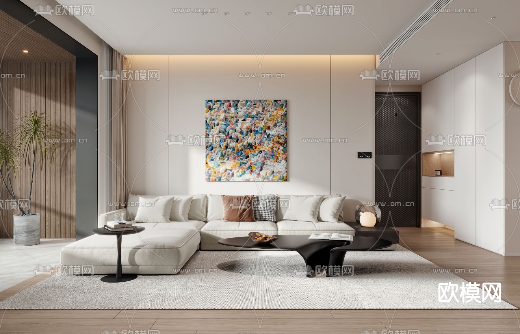 现代奶油风客厅餐厅3d模型