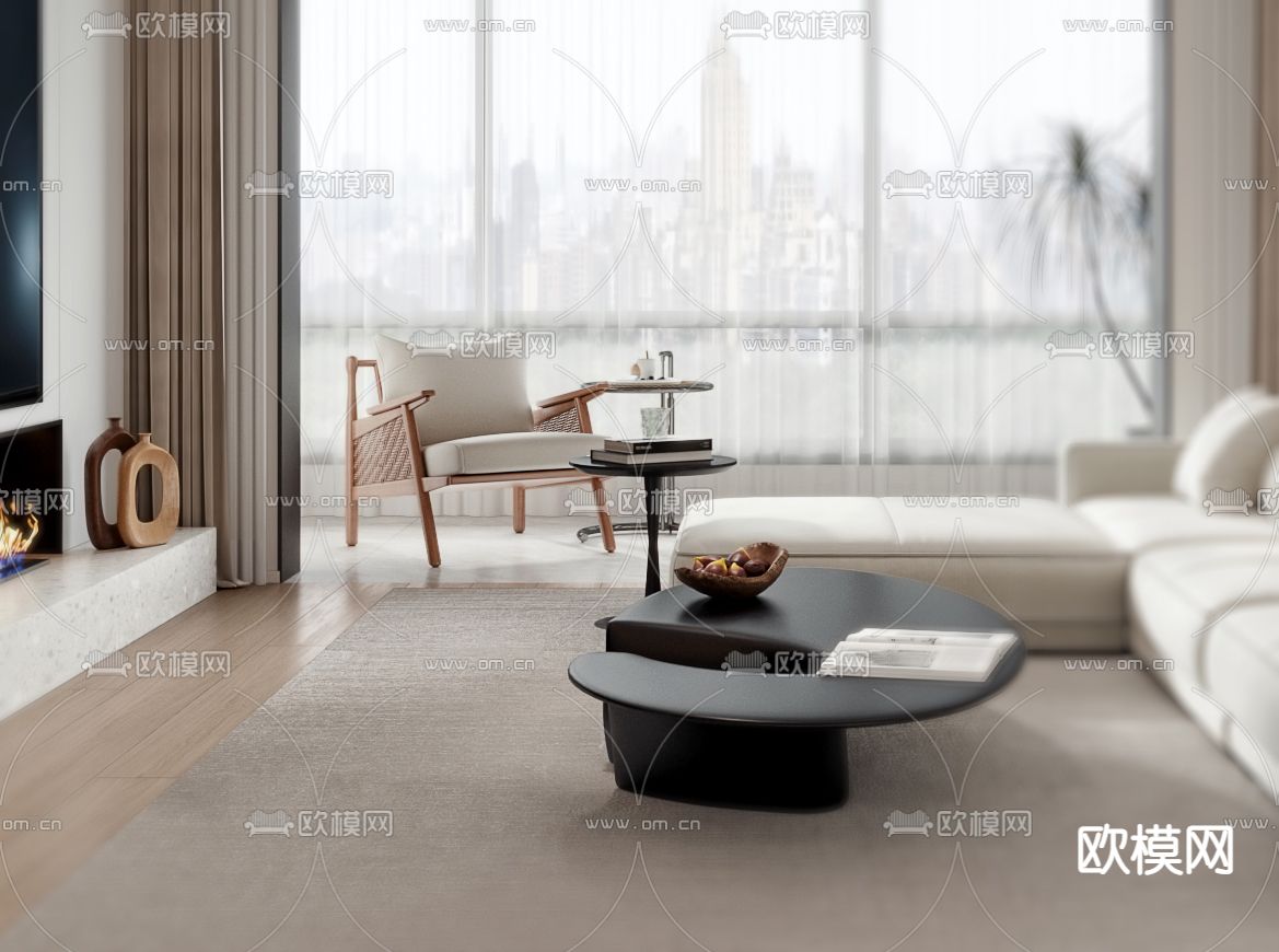 现代奶油风客厅餐厅3d模型