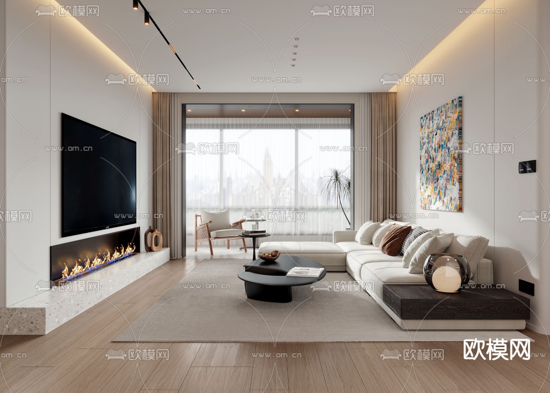 现代奶油风客厅餐厅3d模型