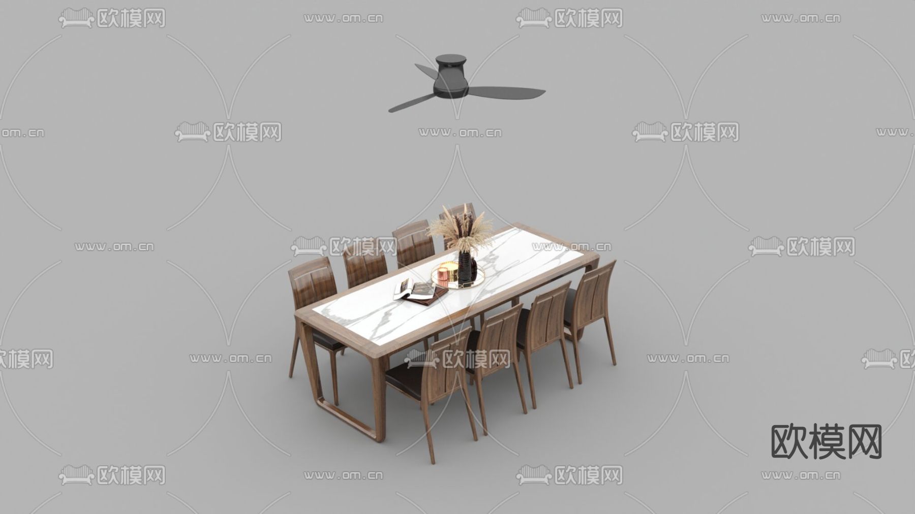 新中式轻奢实木大理石皮革餐桌椅免费3d模型下载