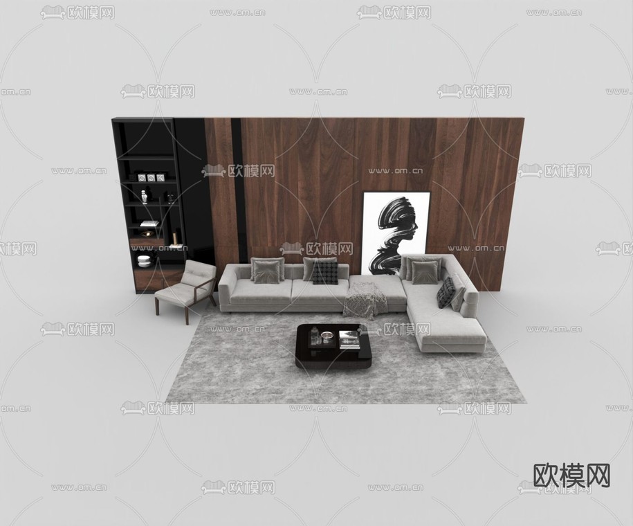 现代轻奢实木镜面背景墙布艺转角沙发组合免费3d模型下载_ID12069104_3dmax免费模型-欧模网