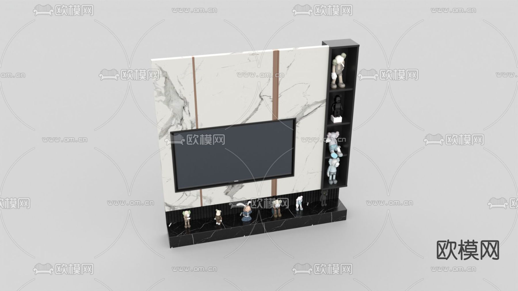 现代轻奢大理石不锈钢实木电视背景墙免费3d模型下载