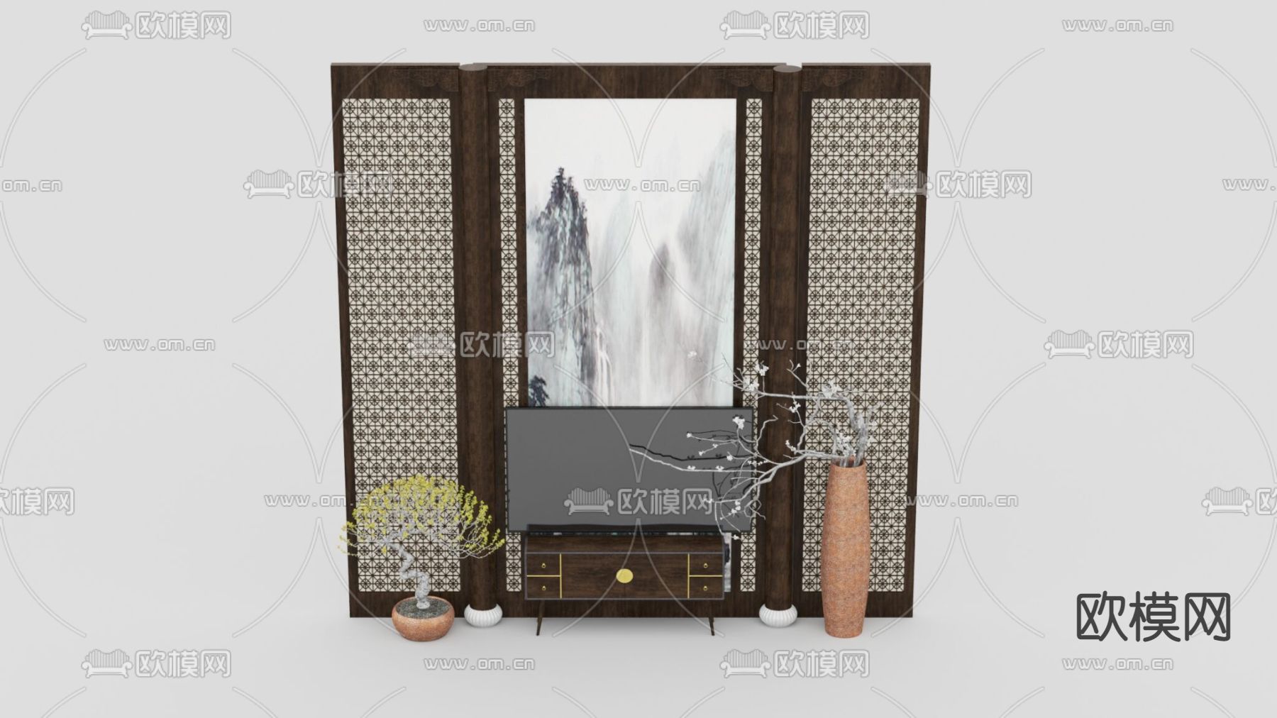中式古典实木背景墙电视柜免费3d模型下载