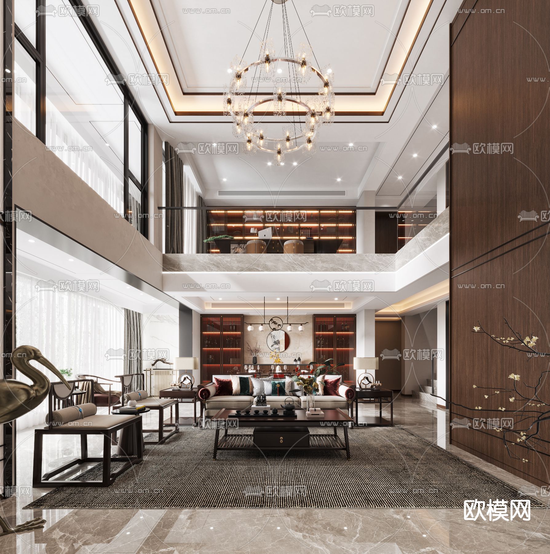 新中式挑空别墅客厅餐厅3d模型下载_ID12065684_3dmax免费模型-欧模网