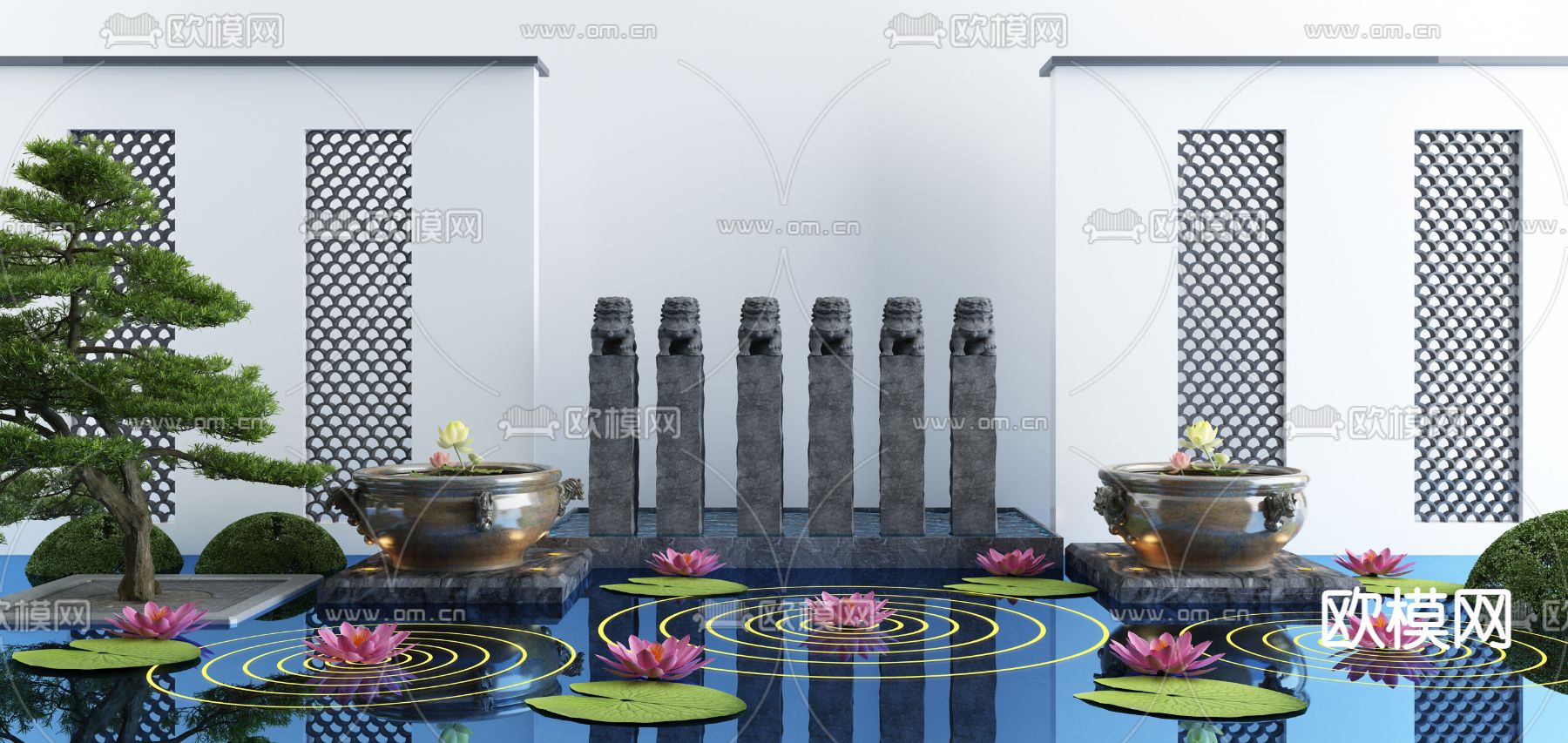 新中式庭院莲花水景小品3d模型下载