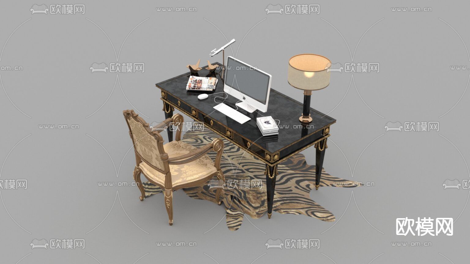 欧式古典实木描金雕花布艺书桌椅免费3d模型下载