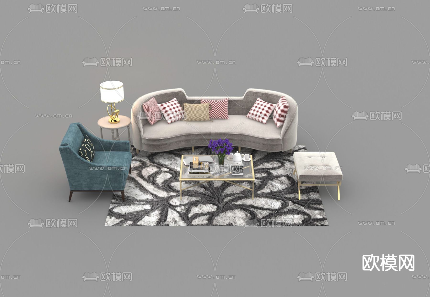 现代轻奢布艺实木不锈钢沙发组合免费3d模型下载