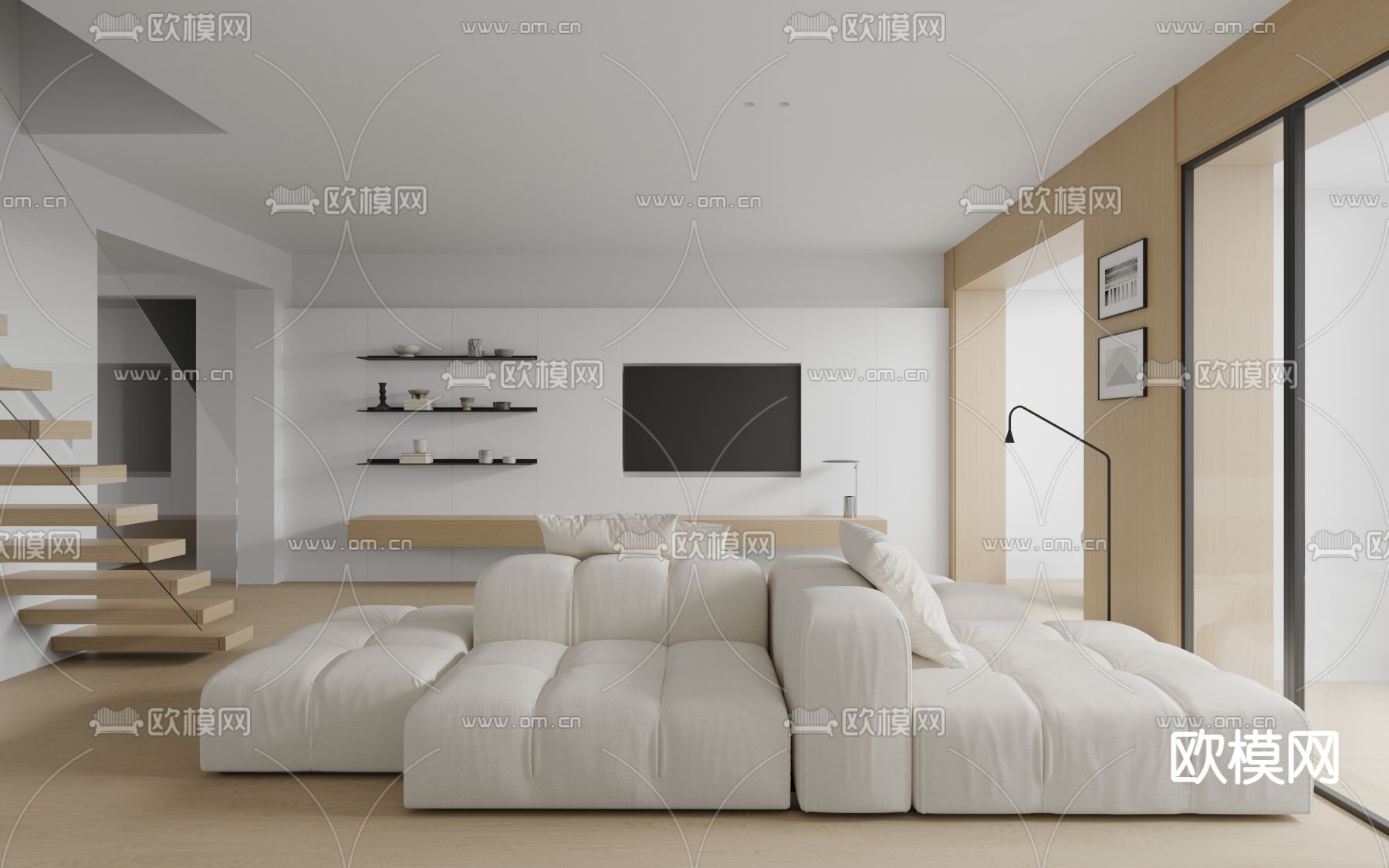 现代奶油风复式客厅餐厅3d模型
