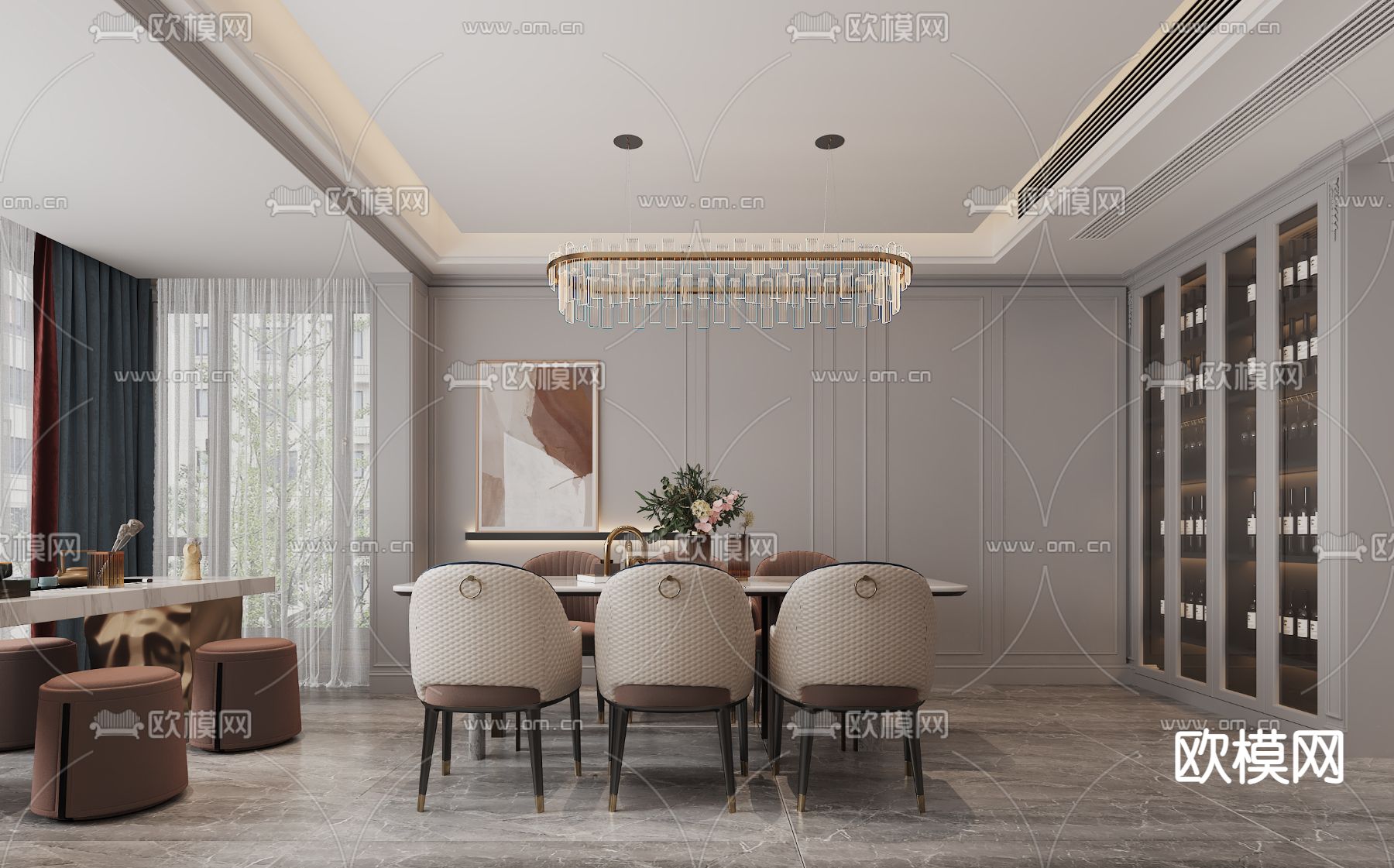 美式轻奢客厅餐厅3d模型下载（渲染图4）