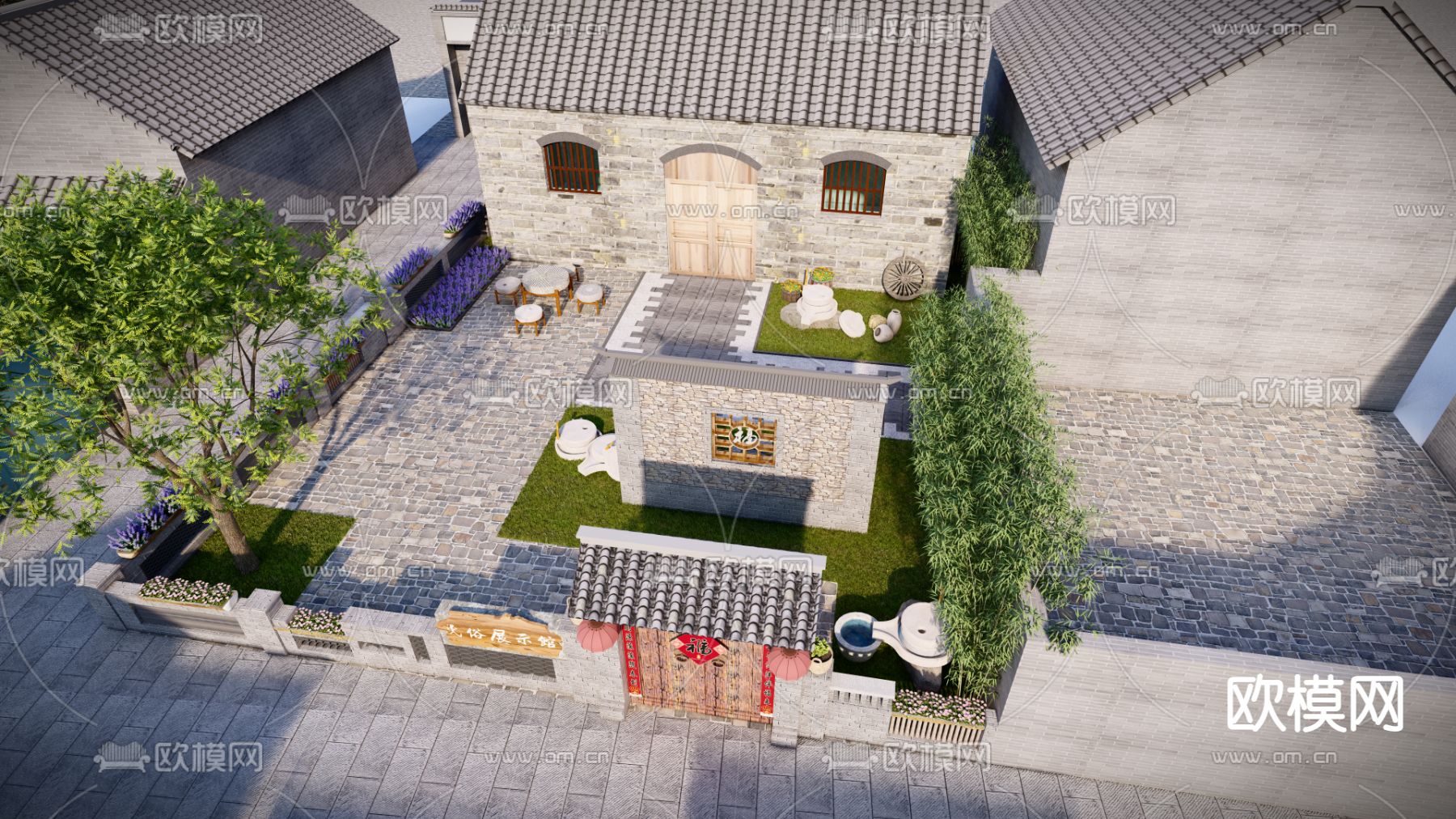 中式庭院景观su模型下载（渲染图2）