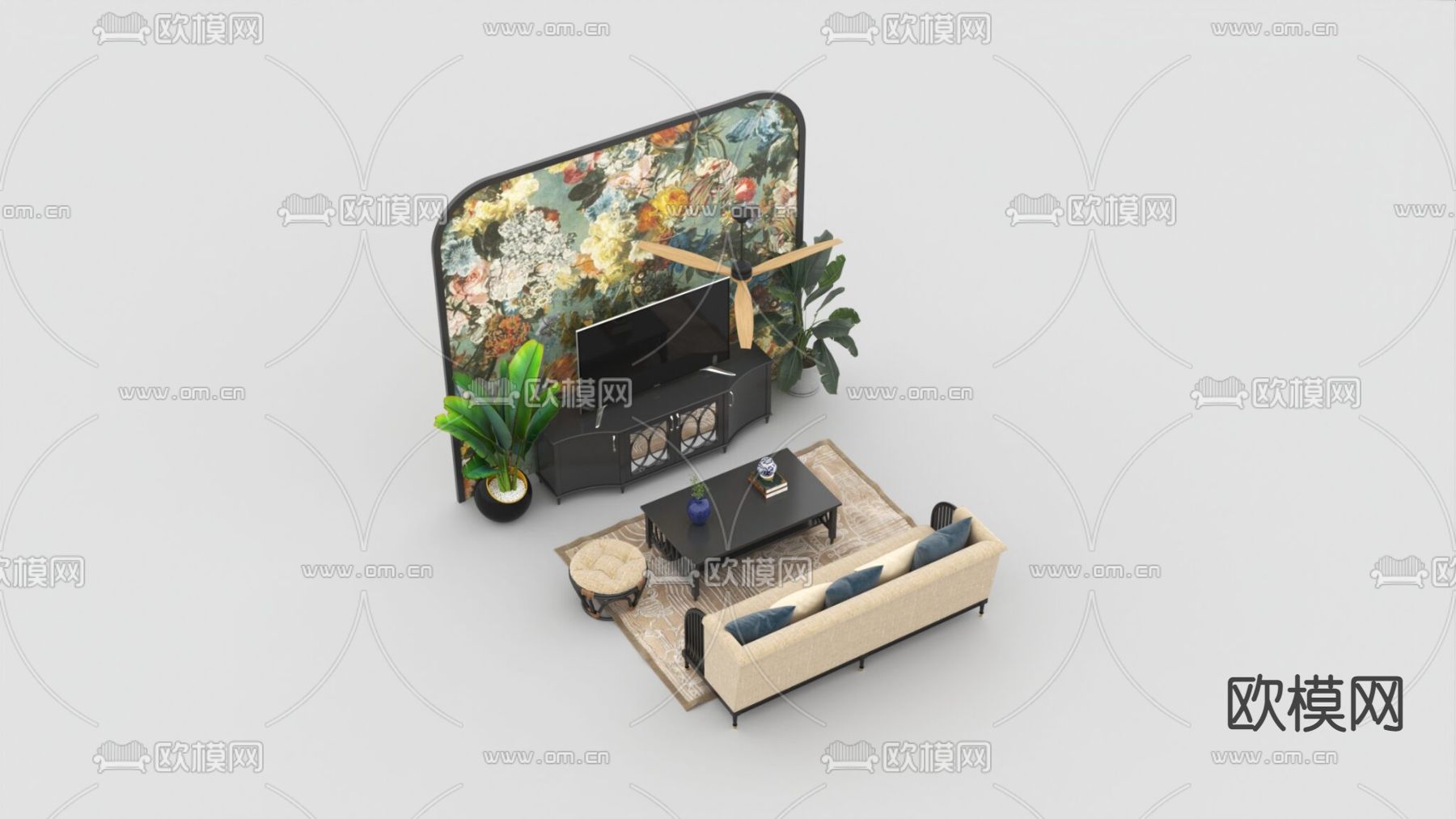 简欧实木墙布背景墙实木布艺沙发组合免费3d模型下载