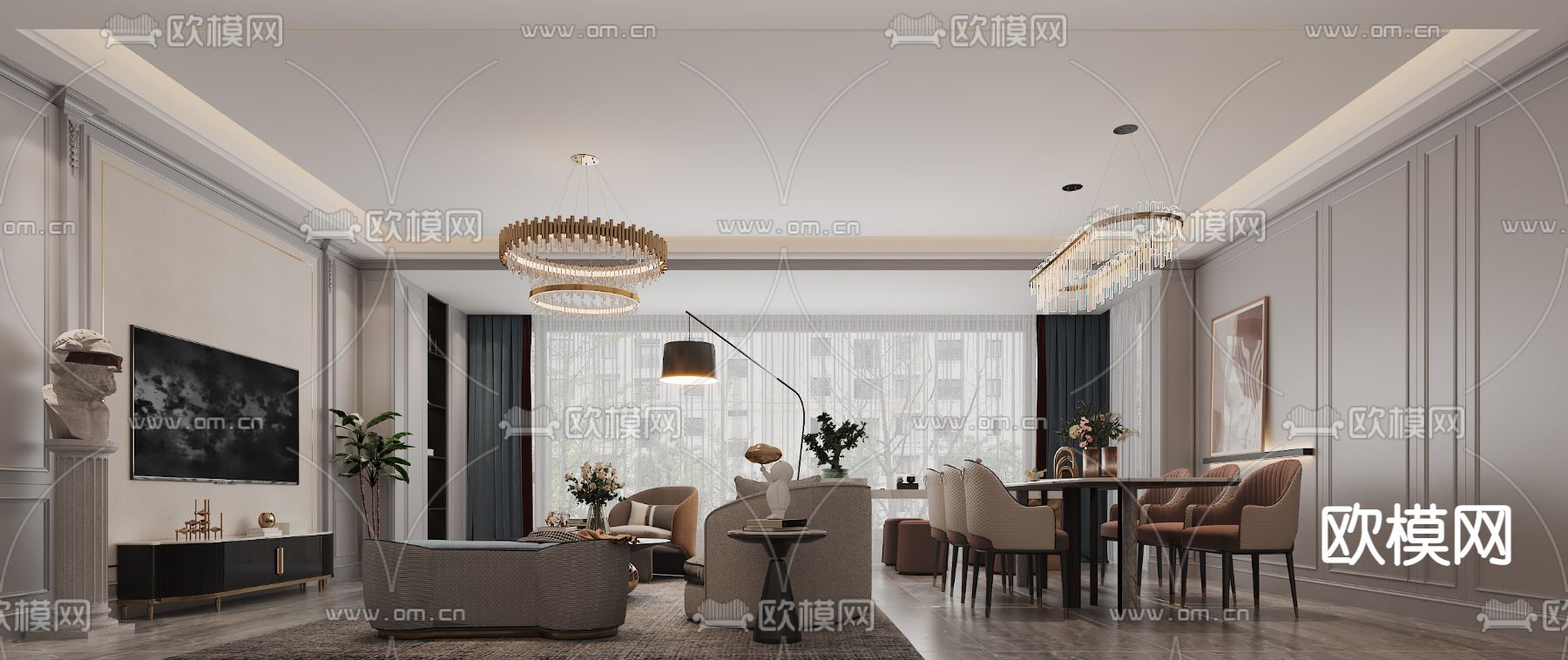 美式轻奢客厅餐厅3d模型下载（渲染图2）