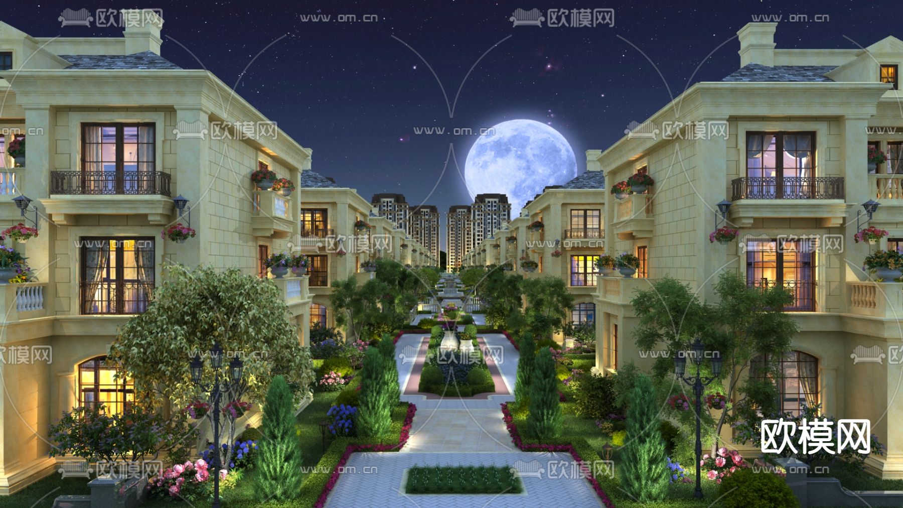 欧式别墅园林景观夜景3d模型下载